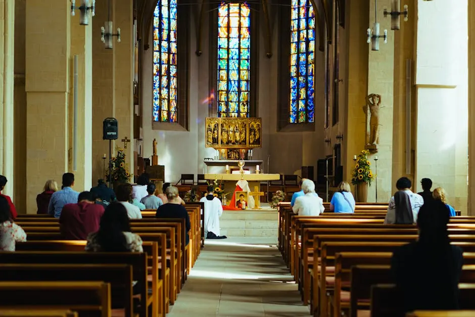 Sunlight through stained-glass windows during a service