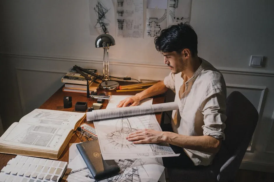 Designer at desk drafting layouts under warm lamp light