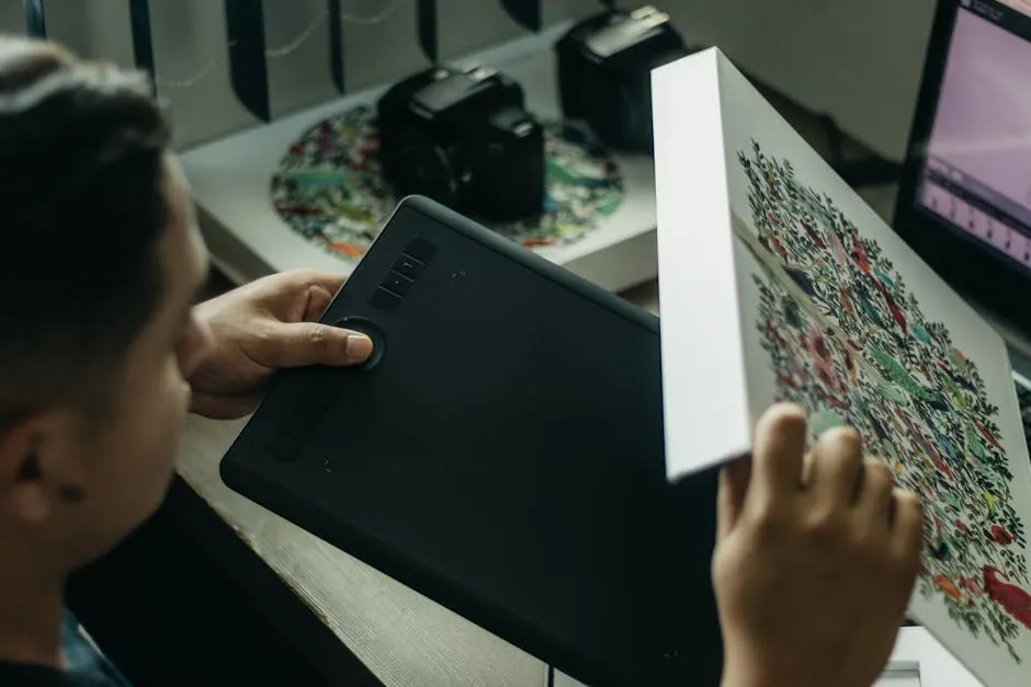 Close-up of hands working with a graphics tablet on illustration