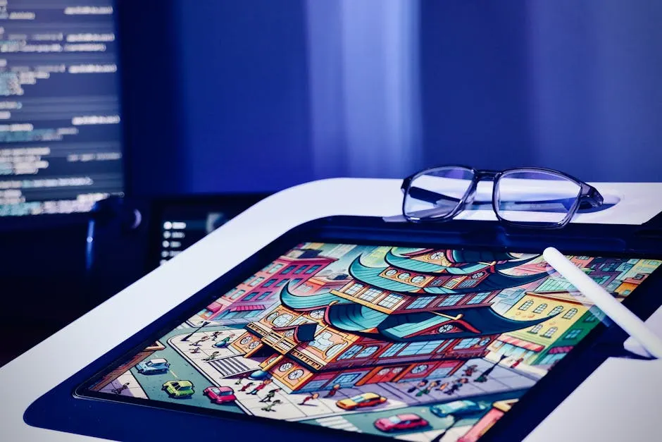 Digital art creation with tablet and stylus on desk