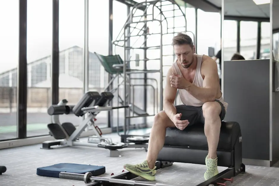 Athlete resting on bench after weightlifting workout