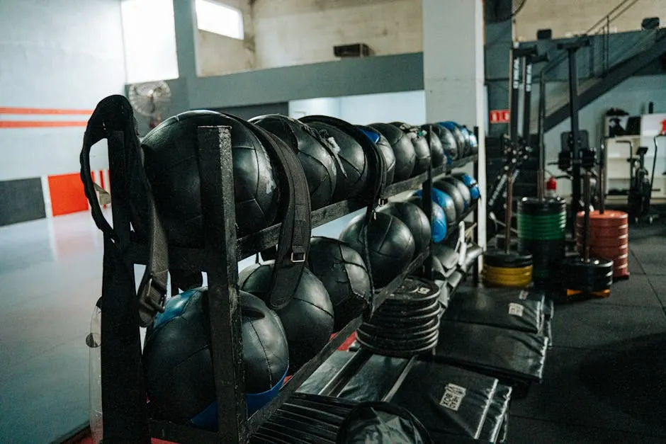 Indoor gym with kettlebells and conditioning equipment