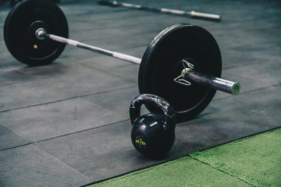 Barbell and kettlebell laid out on the gym floor for a strength session