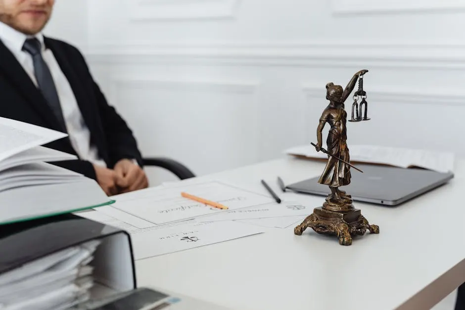 Legal workspace with Lady Justice statue, case documents, and laptop