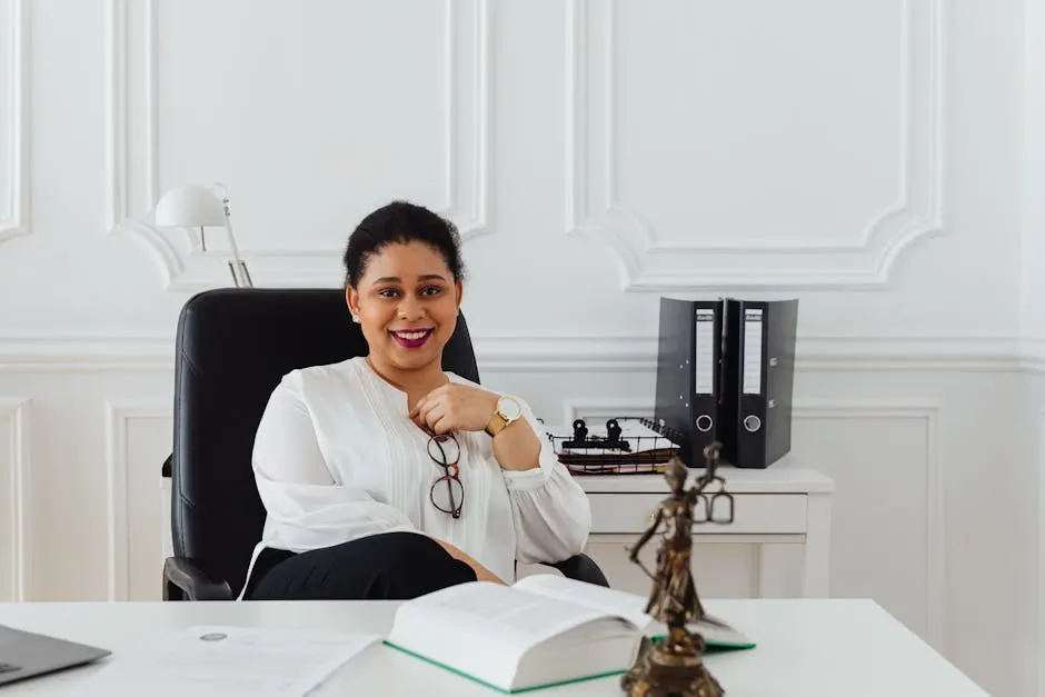 Confident female attorney in office with legal books — IP partner