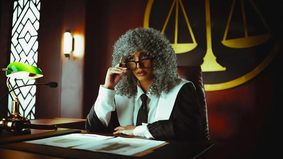 Judge in robes at a courtroom desk — formal litigation imagery