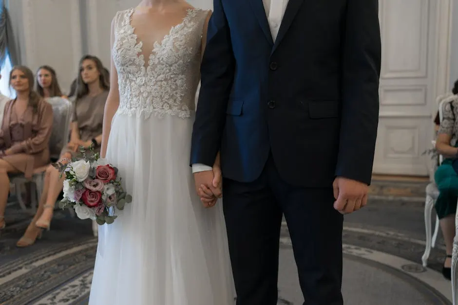 A bride and groom holding hands during an indoor wedding ceremony