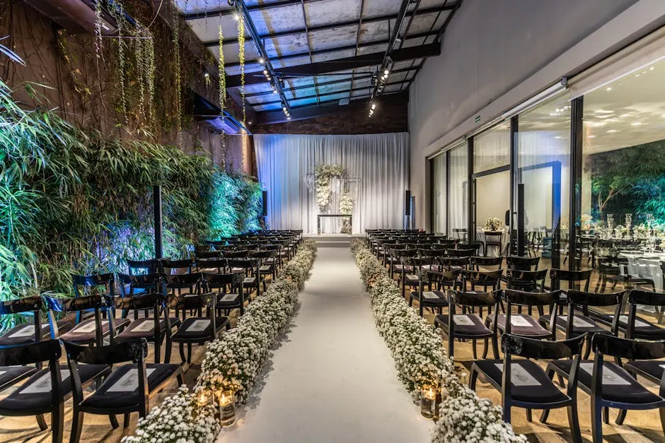 Wedding venue with white florals, an aisle, and chairs in soft natural light
